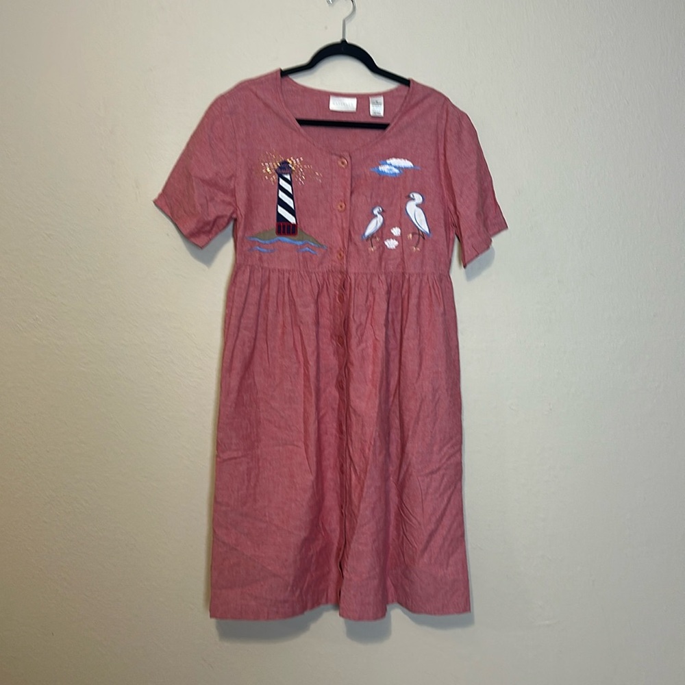 Cabernet Red House‎ Dress Embroidered Lighthouse Design Cotton Size Medium